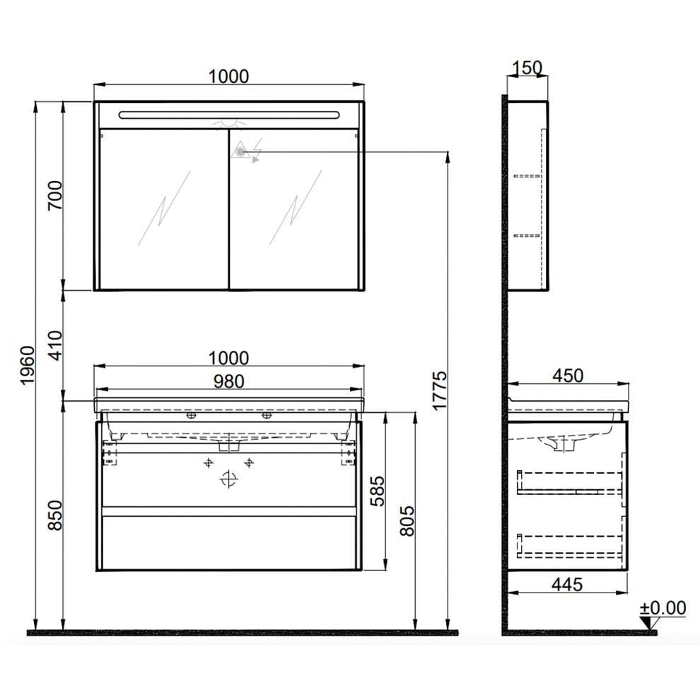 Kale Banyo İdea 2.0 (Durabad) 100Cm Set Parlak Beyaz (Çift Çekmeceli Lavabo Dolabı+Aydınlatmalı Ayna Dolabı) - 610100200518