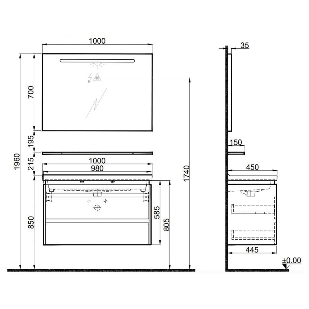 Kale Banyo İdea 2.0 (Durabad) 100Cm Set Parlak Antrasit (Çift Çekmeceli Lavabo Dolabı+Aydınlatmalı Ayna+Etajer) - 610100200531