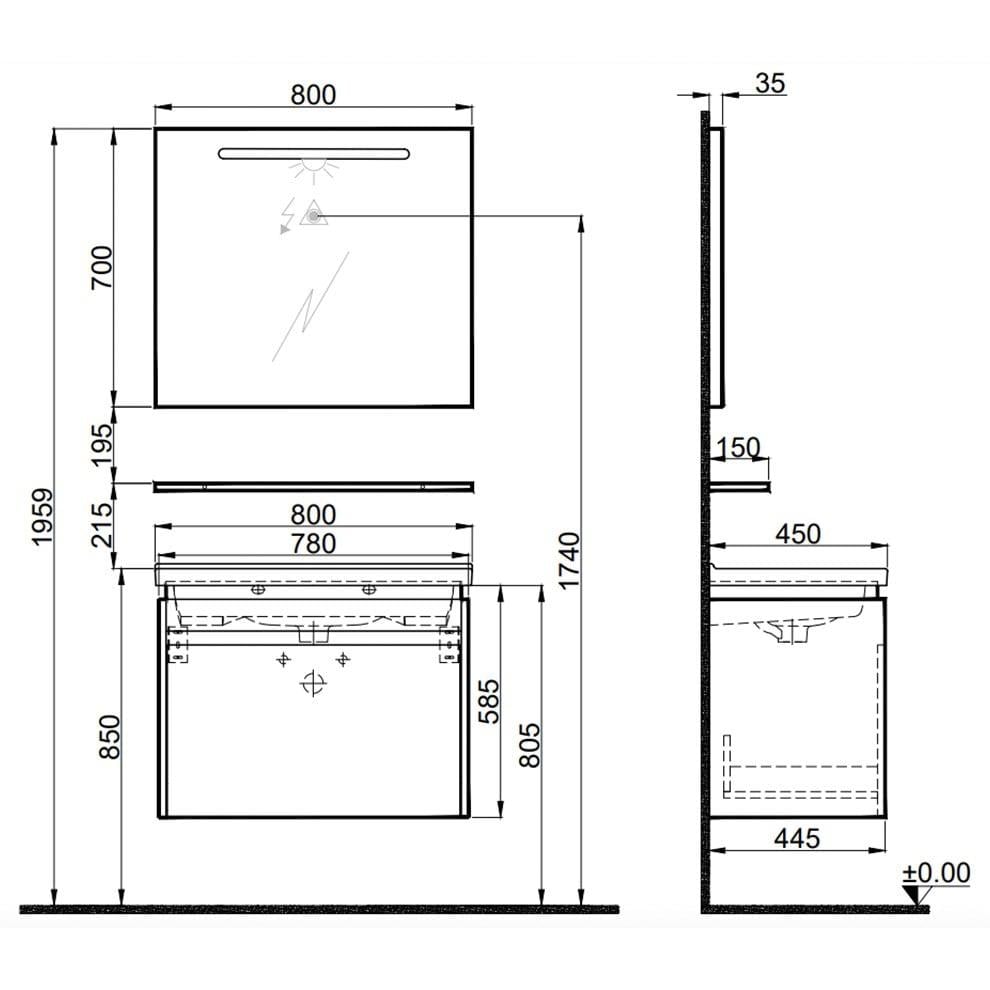 Kale Banyo İdea 2.0 (Durabad) 80Cm Set Parlak Beyaz (Lavabo+Tek Çekmeceli Lavabo Dolabı+Aydınlatmalı Ayna+Etajer) - 610100200502