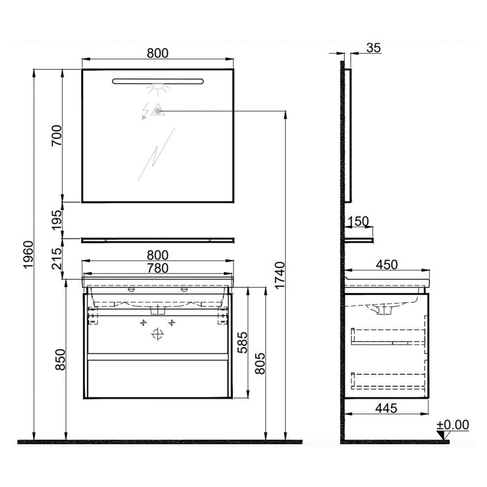 Kale Banyo İdea 2.0 (Durabad) 80Cm Set Parlak Beyaz (Lavabo+Çift Çekmeceli Lavabo Dolabı+Aydınlatmalı Ayna+Etajer) - 610100200526
