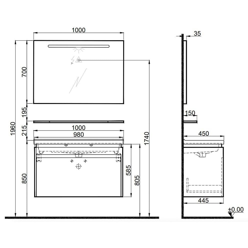 Kale Banyo İdea 2.0 (Durabad) 100Cm Set Pasifik A (Lavabo+Tek Çekmeceli Lavabo Dolabı+Aydınlatmalı Ayna+Etajer) - 610100200508