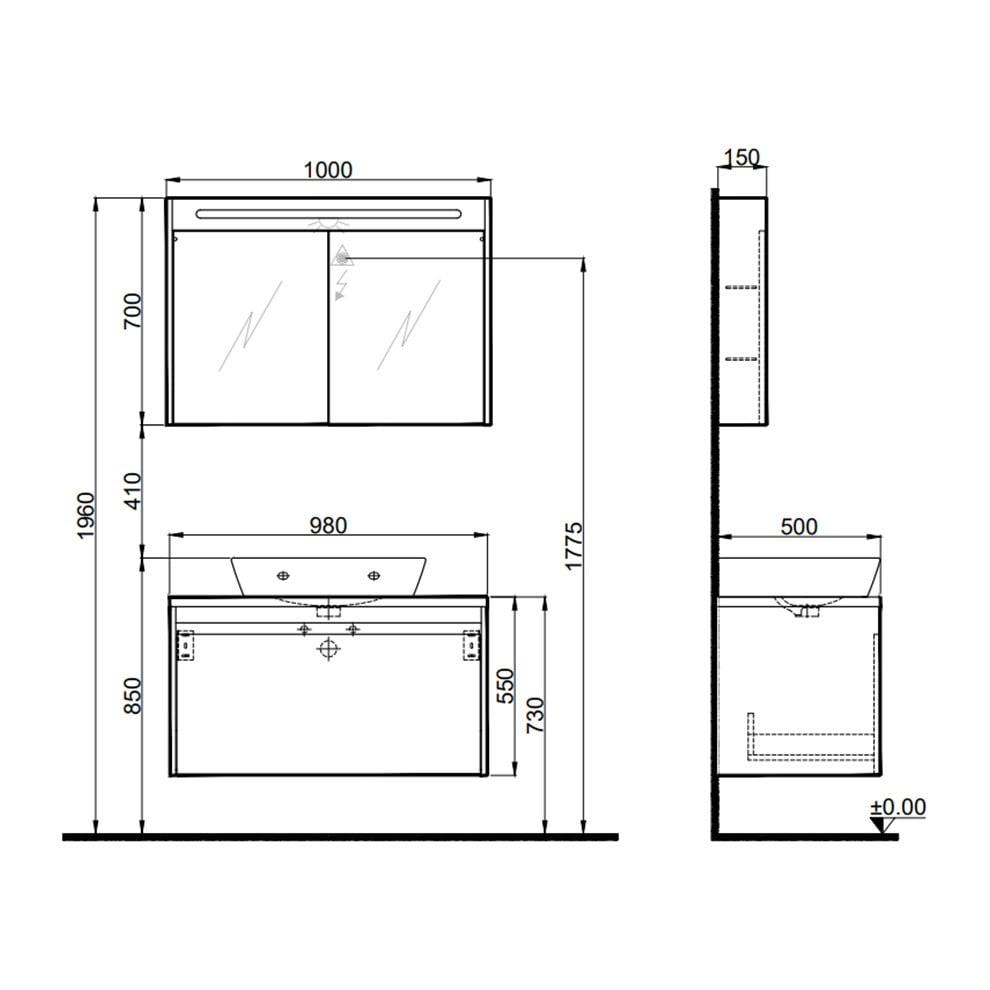 Kale Banyo İdea 2.0 (Durabad) 100Cm Set Parlak Antrasit (Tek Çekmeceli+Çanak Lavabo+Aydınlatmalı Ayna Dolabı) - 610100200597