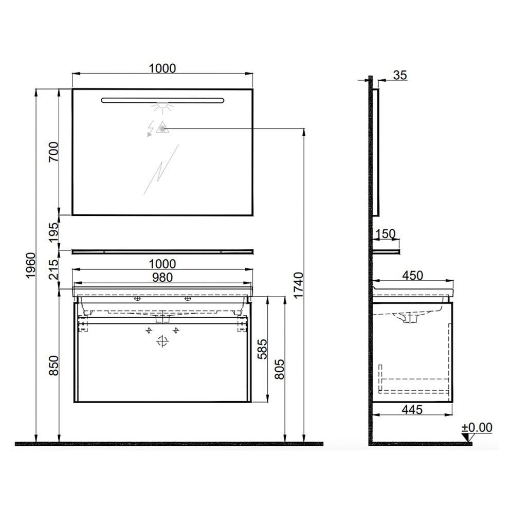 Kale Banyo İdea 2.0 (Durabad) 100Cm Set Parlak Antrasit (Tek Çekmeceli Lavabo Dolabı+Aydınlatmalı Ayna+Etajer) - 610100200507