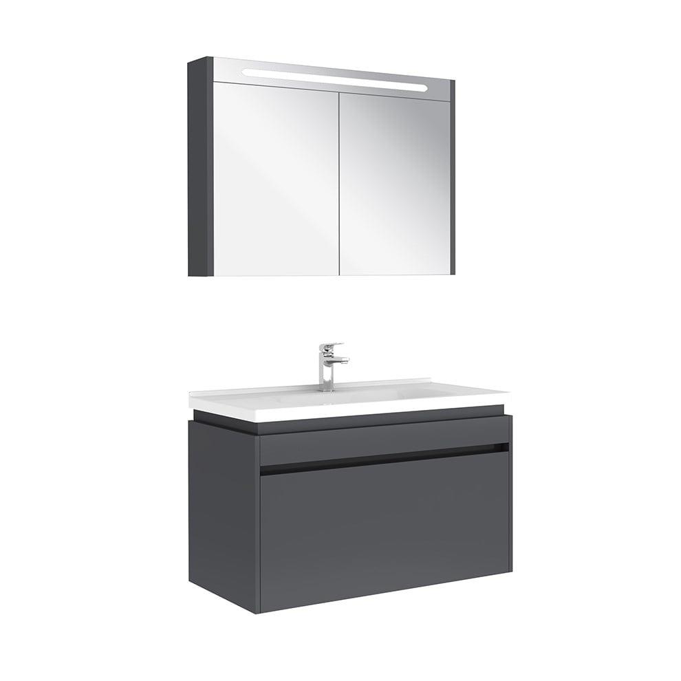 Kale Banyo İdea 2.0 (Durabad) 100Cm Set Parlak Antrasit (Tek Çekmeceli Lavabo Dolabı+Aydınlatmalı Ayna Dolabı) - 610100200495