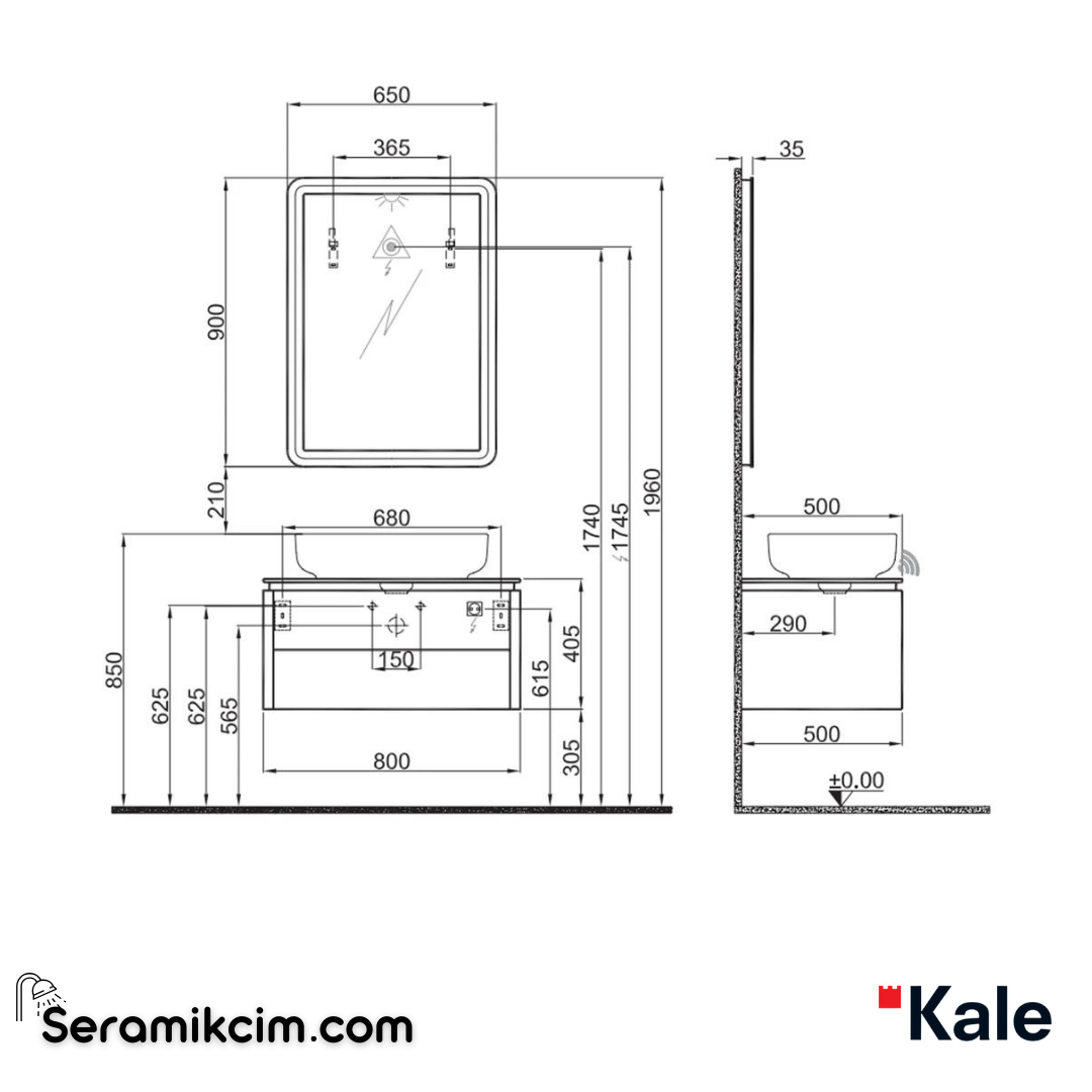 Kale Banyo Lotus 80Cm Dikdörtgen Çanak Lavabo+Ayna Set Mat Ada Çayı Yeşili/Pallısandro - 610100201485