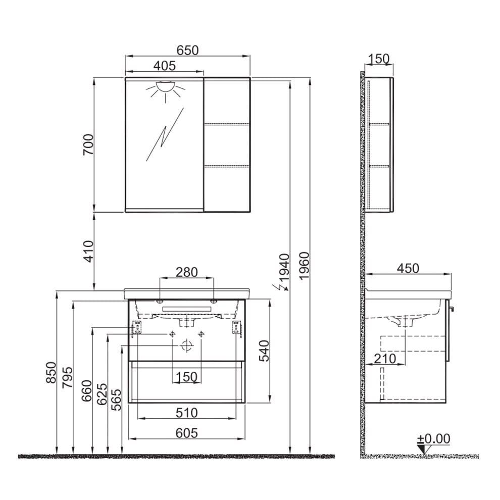 Kale Banyo Trevı 65Cm Set Antrasit/Ceviz (Lavabo+Lavabo Dolabı+Yarım Dolaplı Ayna) - 610100201197
