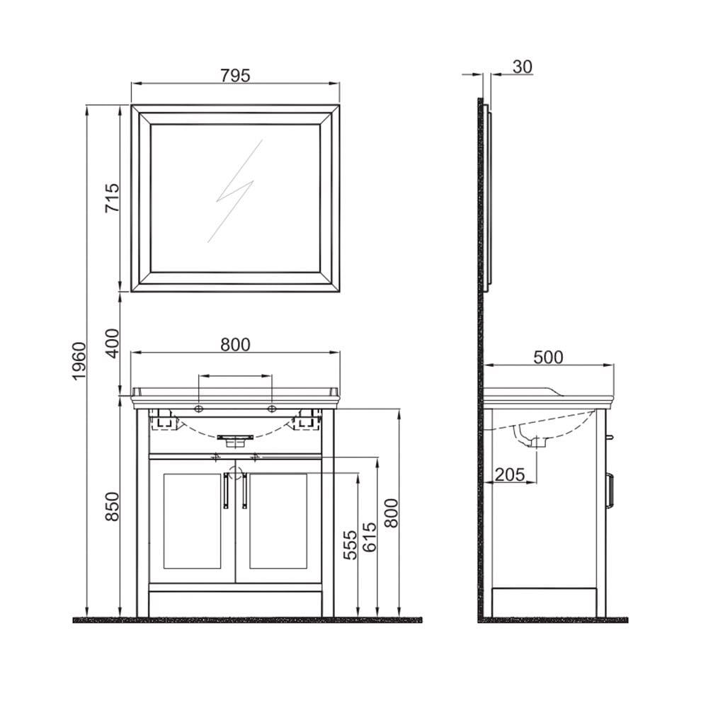 Kale Banyo Vıntage 80Cm Set Beyaz (Lavabo+Lavabo Dolabı+Ayna) (Siyah Kulp) - 610100201044