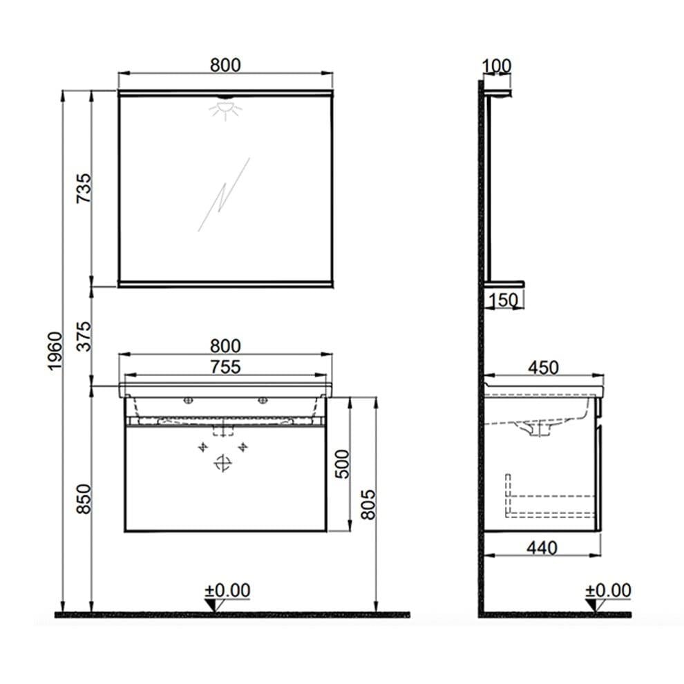 Kale Banyo Woody 65Cm Set Beyaz/Krem Meşe (Lavabo+Lavabo Dolabı+Aydınlatmalı Ayna Etajer) - 610100200896