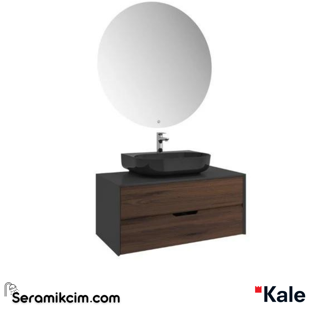 Kale Banyo Zero 2.0 100Cm Set Antrasit/Ceviz(Oval Parlak Siyah Armatür Bantlı Lavabo) - 610100201382