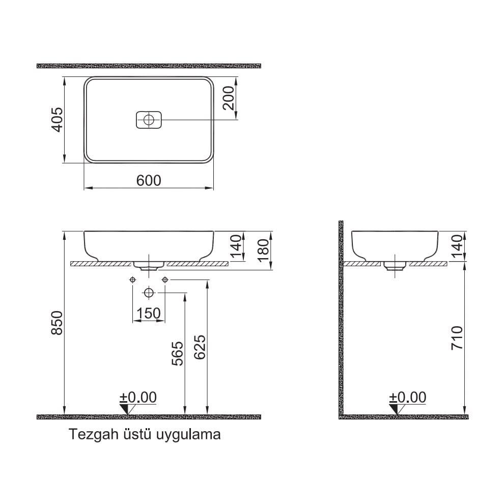 Kale Banyo Zero 2.0 60X40 Dikdörtgen Çanak Lavabo Mat Siyah - 310200200463