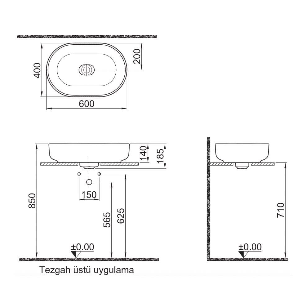 Kale Banyo Zero 2.0 60X40 Oval Çanak Lavabo Mat Siyah - 310200200459