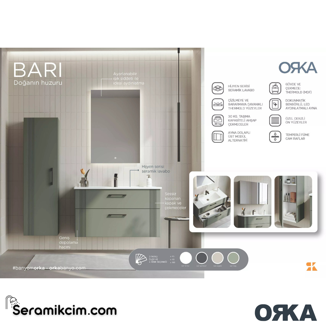 Orka Bari 80cm Ledli Ayna Banyo Dolabı Set Mat Soft Yeşil - ORK022.80.05.TKM