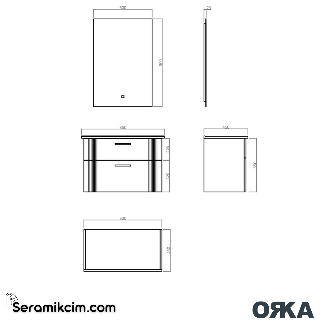 Orka Bari 80cm Ledli Ayna Banyo Dolabı Set Mat Antrasit - ORK022.80.01.TKM