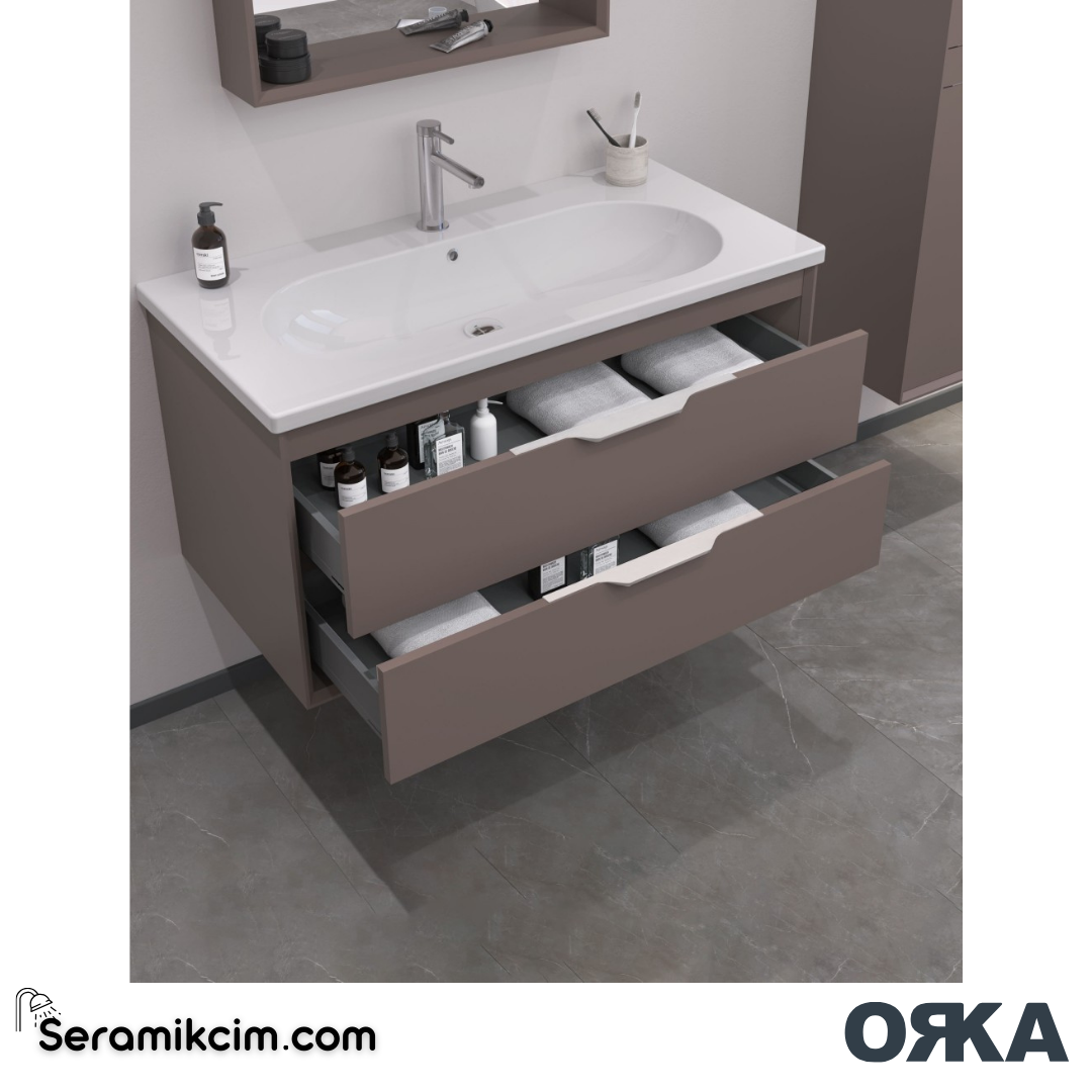 Orka Clay 100cm Çift Çekmeceli Banyo Dolabı Set Toprak - ORK032.100.03.TKM
