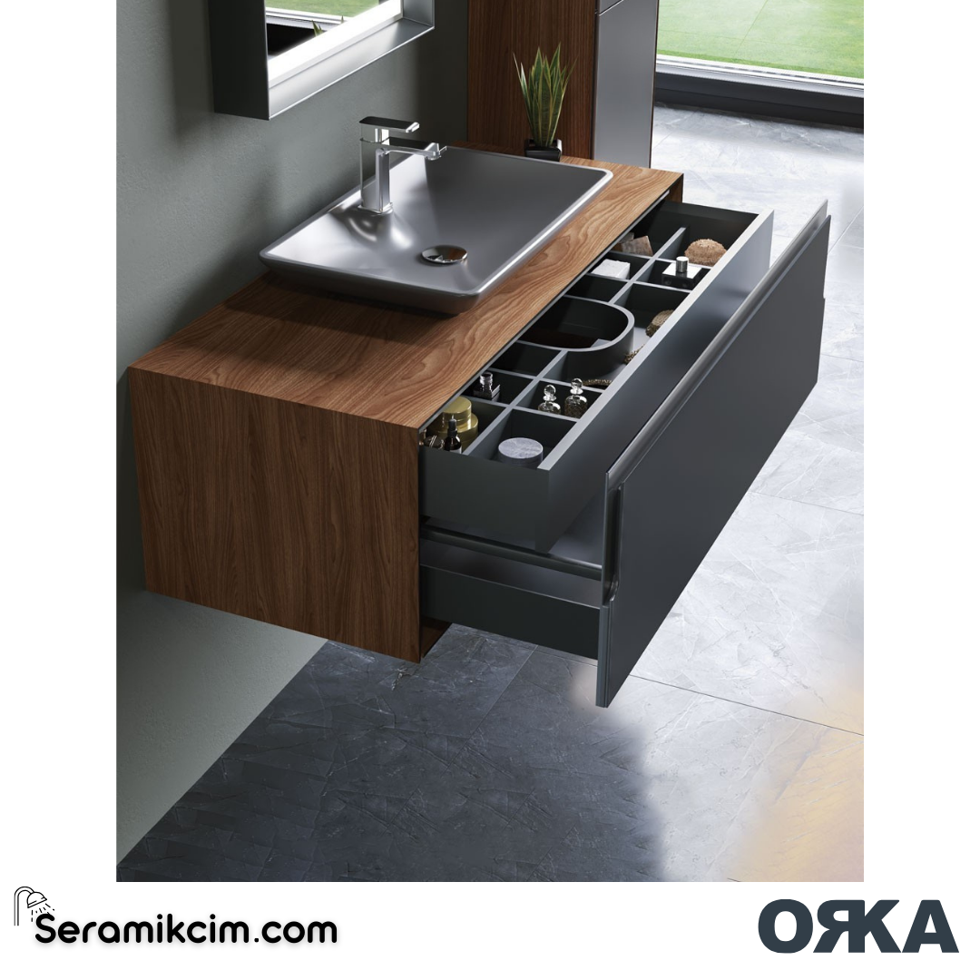 Orka Craft 120cm Banyo Dolabı Set Ceviz Mat Antrasit Lavabo - ORK03.120.01.TKM