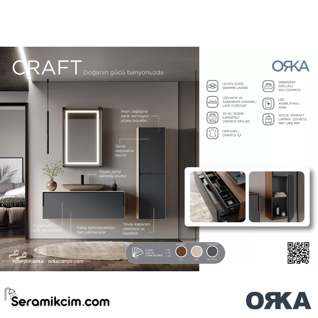 Orka Craft 120cm Banyo Dolabı Set Ceviz Mat Antrasit Lavabo - ORK03.120.01.TKM