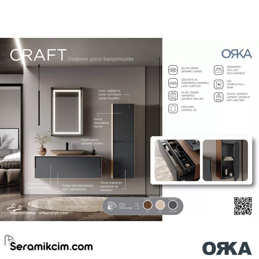 Orka Craft 40cm Boy Dolabı (Sağ-Sol) Kompakt Ceviz / Mat Antrasit - ORK.BYD1072
