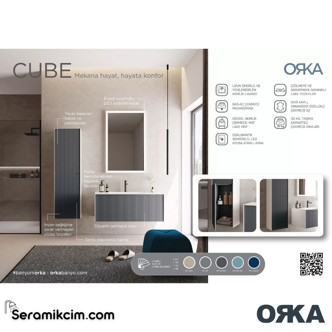 Orka Cube 120cm Banyo Dolabı Set Mat Açık Mavi - ORK030.120.02.TKM