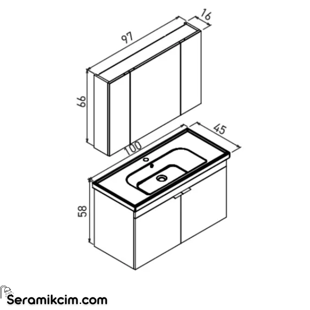 Orka Desna 100cm Asma Banyo Dolabı Set, Dolaplı Ayna, Mat Beyaz