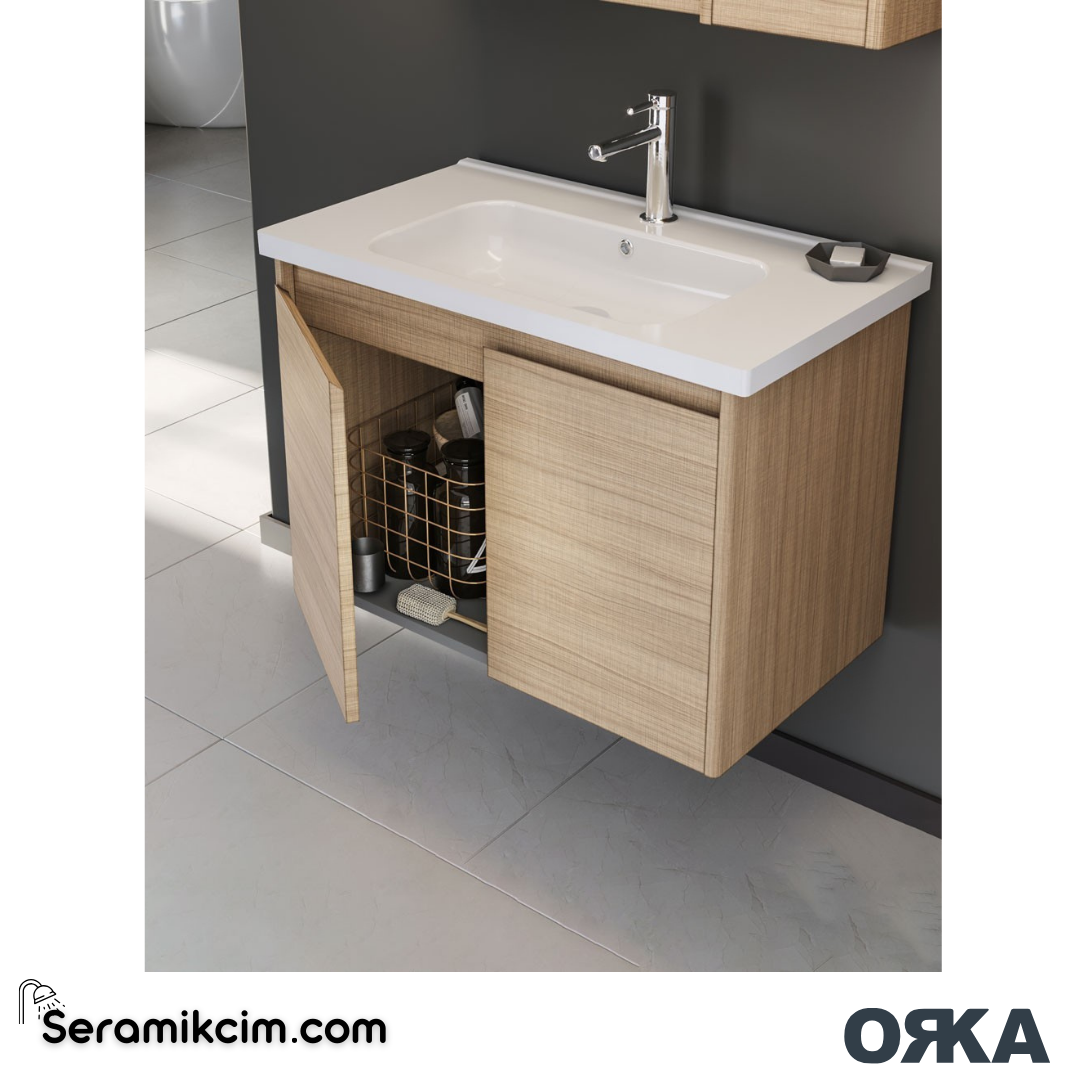 Orka Düden 80cm Kapaklı Banyo Dolabı Set Odeon Beyaz Meşe - ORK051.80.02.TKM