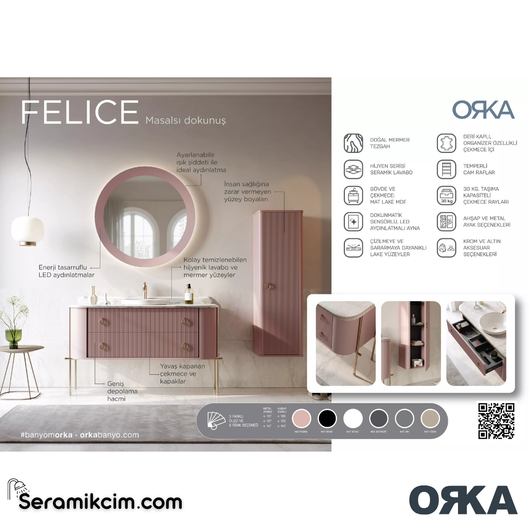 Orka Felice 107cm Banyo Dolabı Set Altın Metal Ayaklı Mat Antrasit - ORK07.107.01.TKM