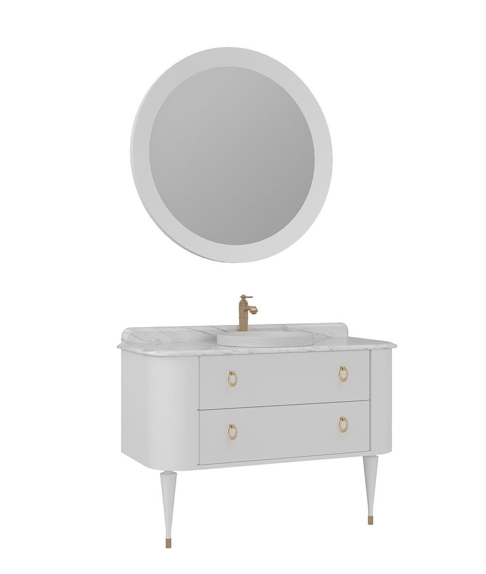Orka Felice 120cm Banyo Dolabı Set (Altın Detay) Ahşap Ayaklı Mat Beyaz