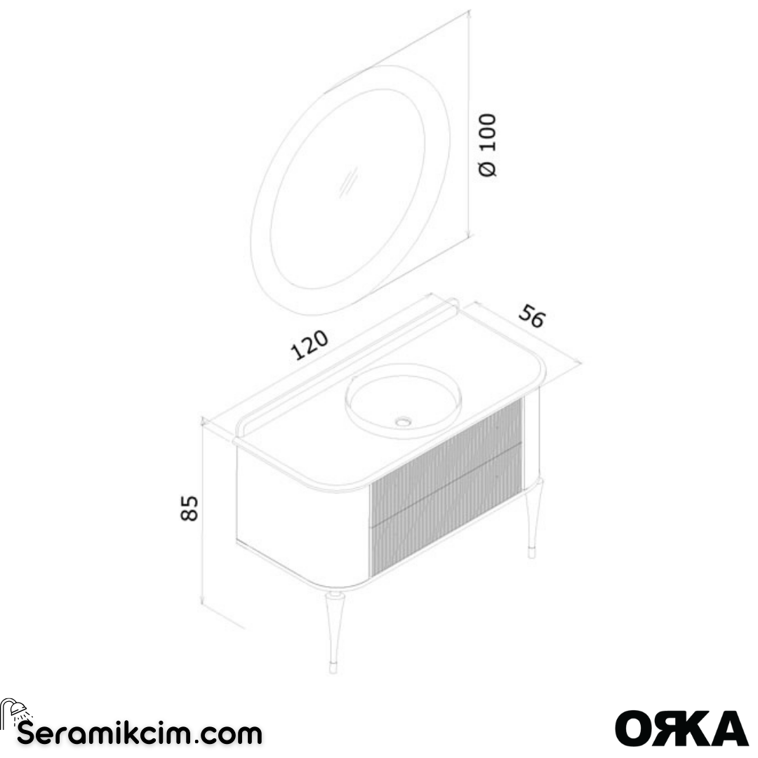 Orka Felice 120cm Banyo Dolabı Set (Altın Detay) Ahşap Ayaklı Mat Gri
