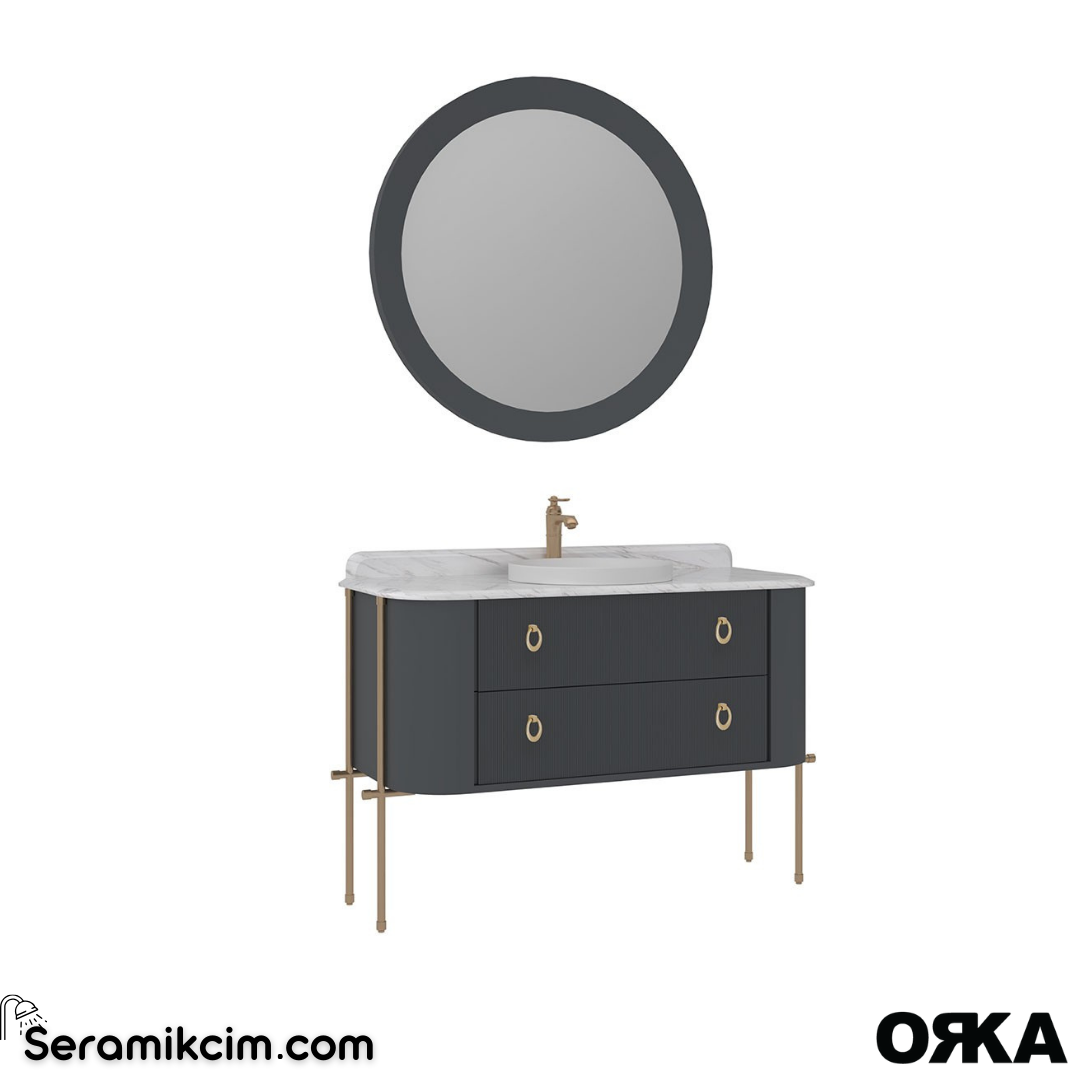 Orka Felice 127cm Banyo Dolabı Set (Altın Detay) Metal Ayaklı Mat Antrasit