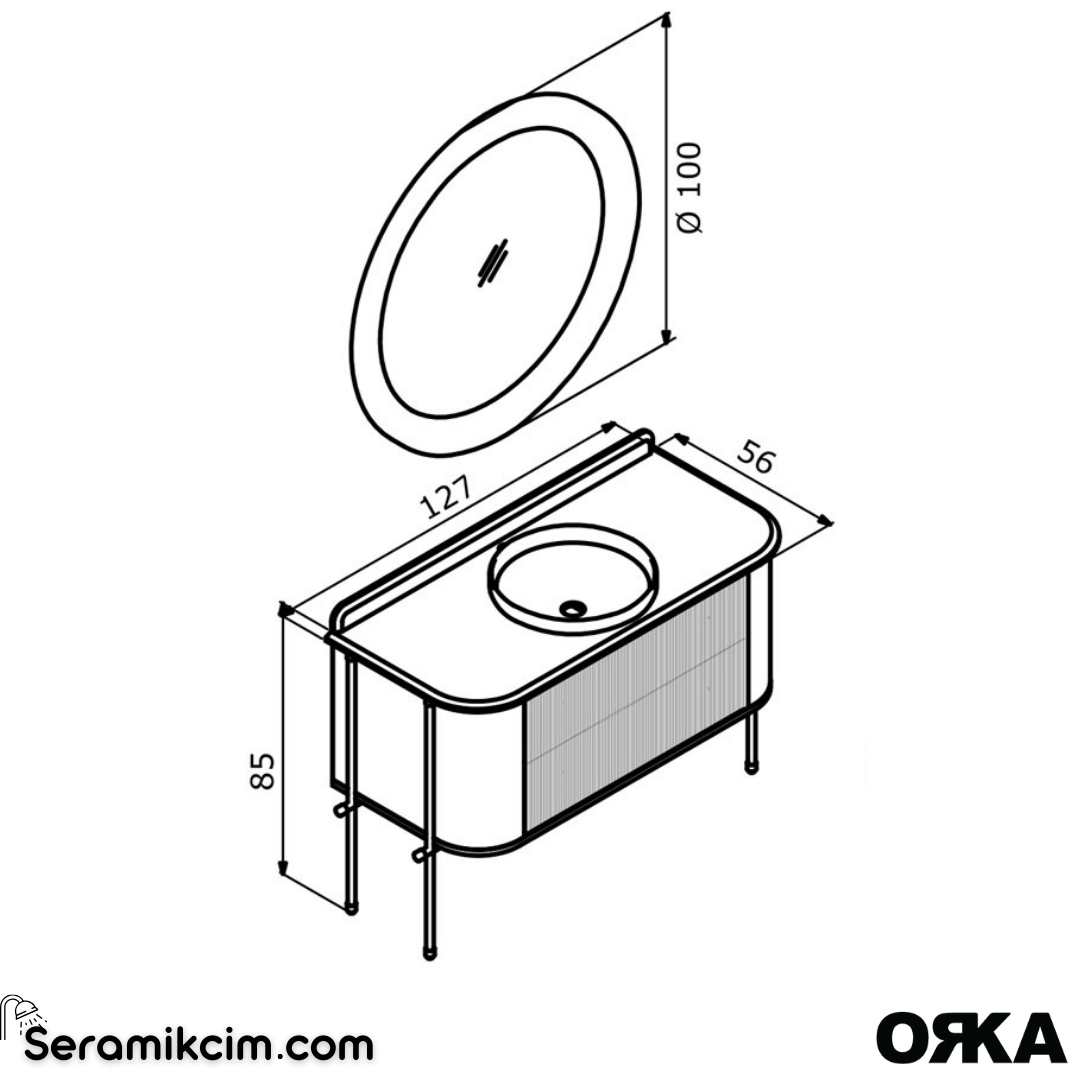 Orka Felice 127cm Banyo Dolabı Set (Altın Detay) Metal Ayaklı Mat Siyah