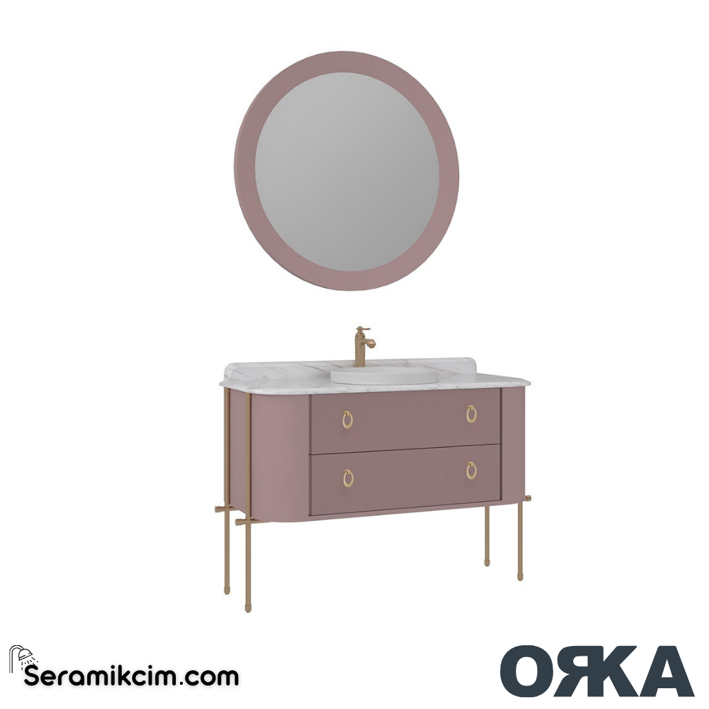 Orka Felice 127cm Banyo Dolabı Set Altın Metal Ayaklı Mat Pudra - ORK07.127.04.TKM