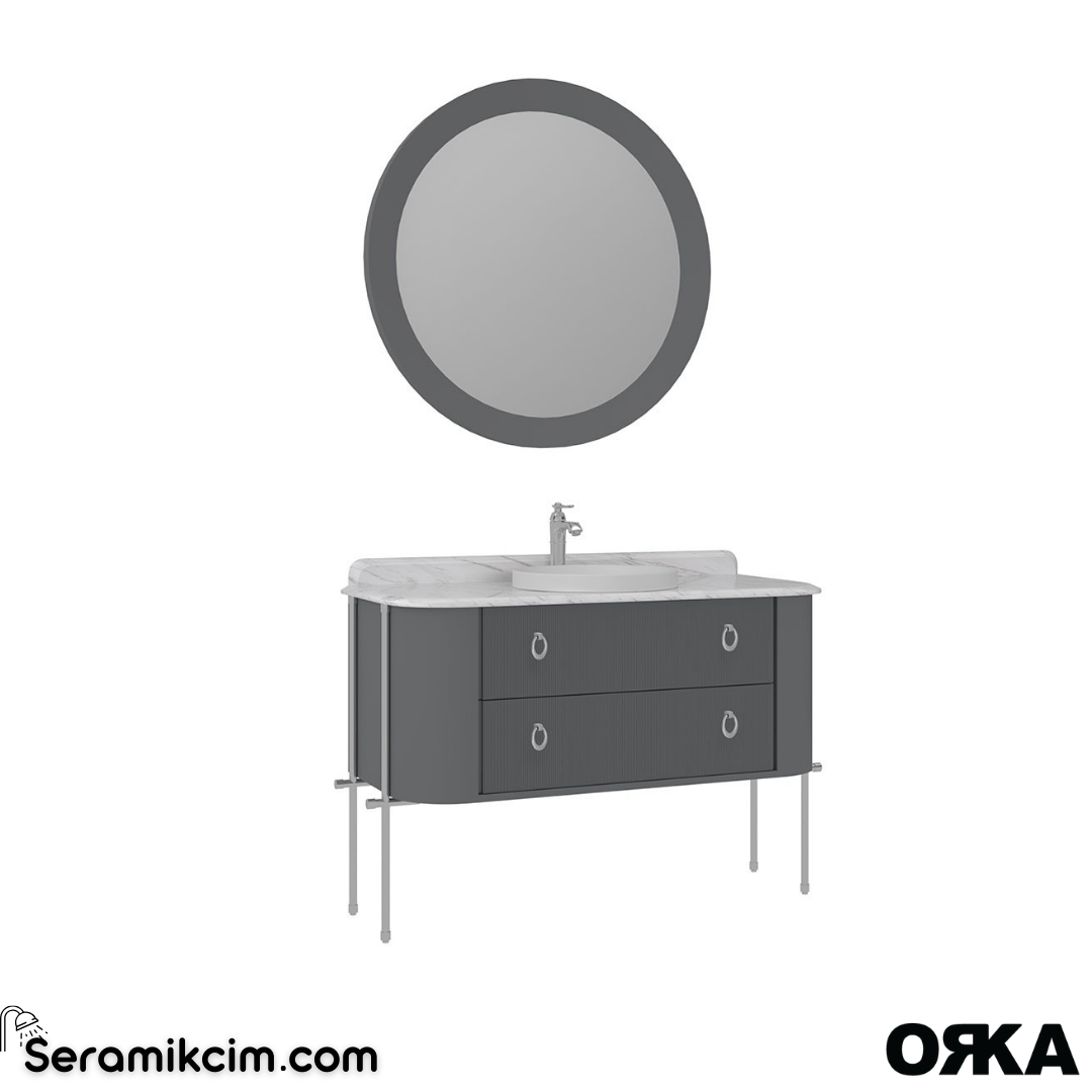 Orka Felice 127cm Banyo Dolabı Set (Krom Detay) Metal Ayaklı Mat Gri