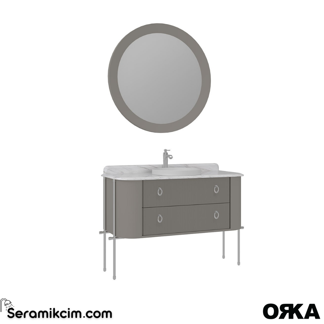 Orka Felice 127cm Banyo Dolabı Set (Krom Detay) Metal Ayaklı Mat Vizon