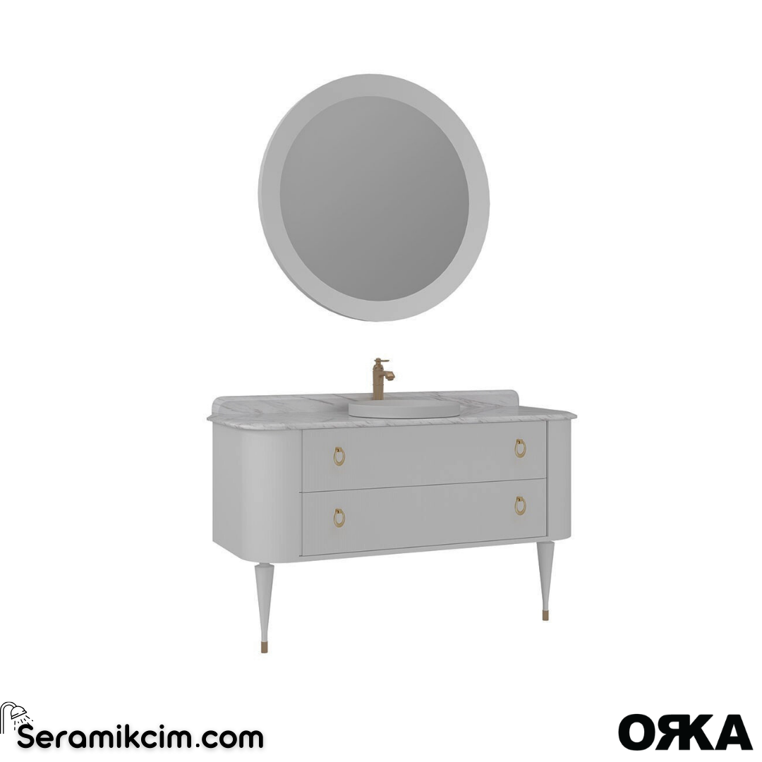 Orka Felice 140cm Banyo Dolabı Set (Altın Detay) Ahşap Ayaklı Mat Beyaz