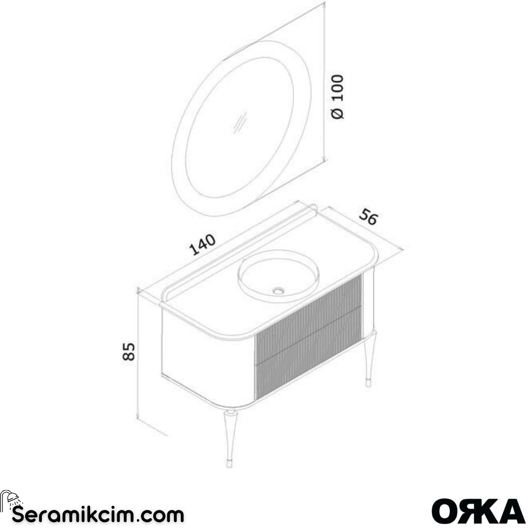 Orka Felice 140cm Banyo Dolabı Set (Altın Detay) Ahşap Ayaklı Mat Vizon