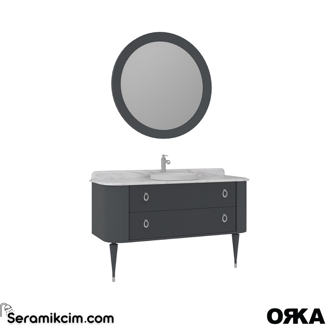 Orka Felice 140cm Banyo Dolabı Set (Krom Detay) Ahşap Ayaklı Mat Antrasit