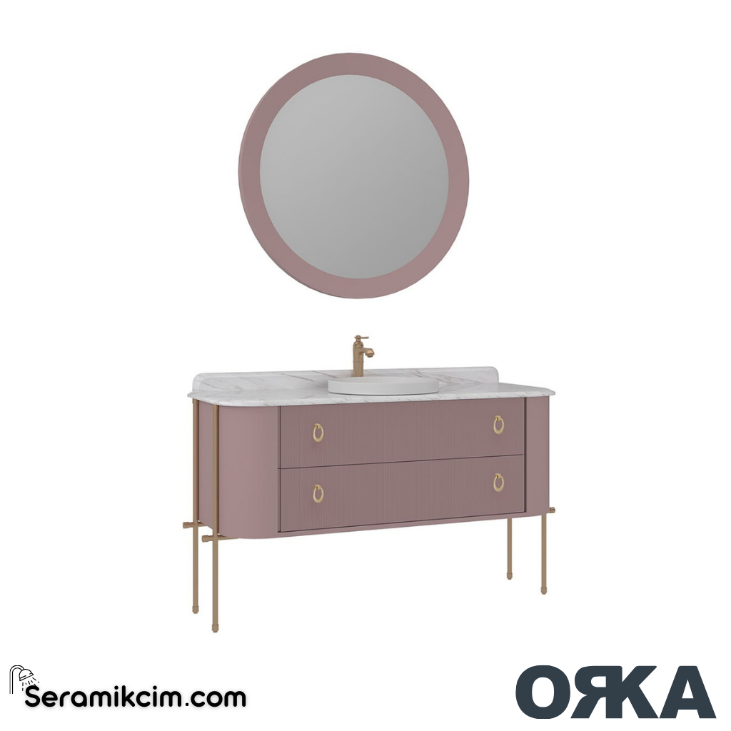 Orka Felice 147cm Banyo Dolabı Set Altın Metal Ayaklı Mat Pudra - ORK07.147.04.TKM