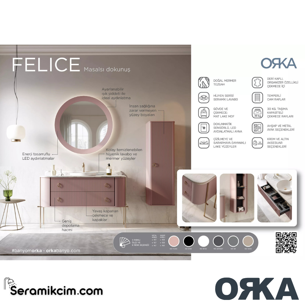 Orka Felice 147cm Banyo Dolabı Set Krom Metal Ayaklı Mat Pudra - ORK077.147.04.TKM