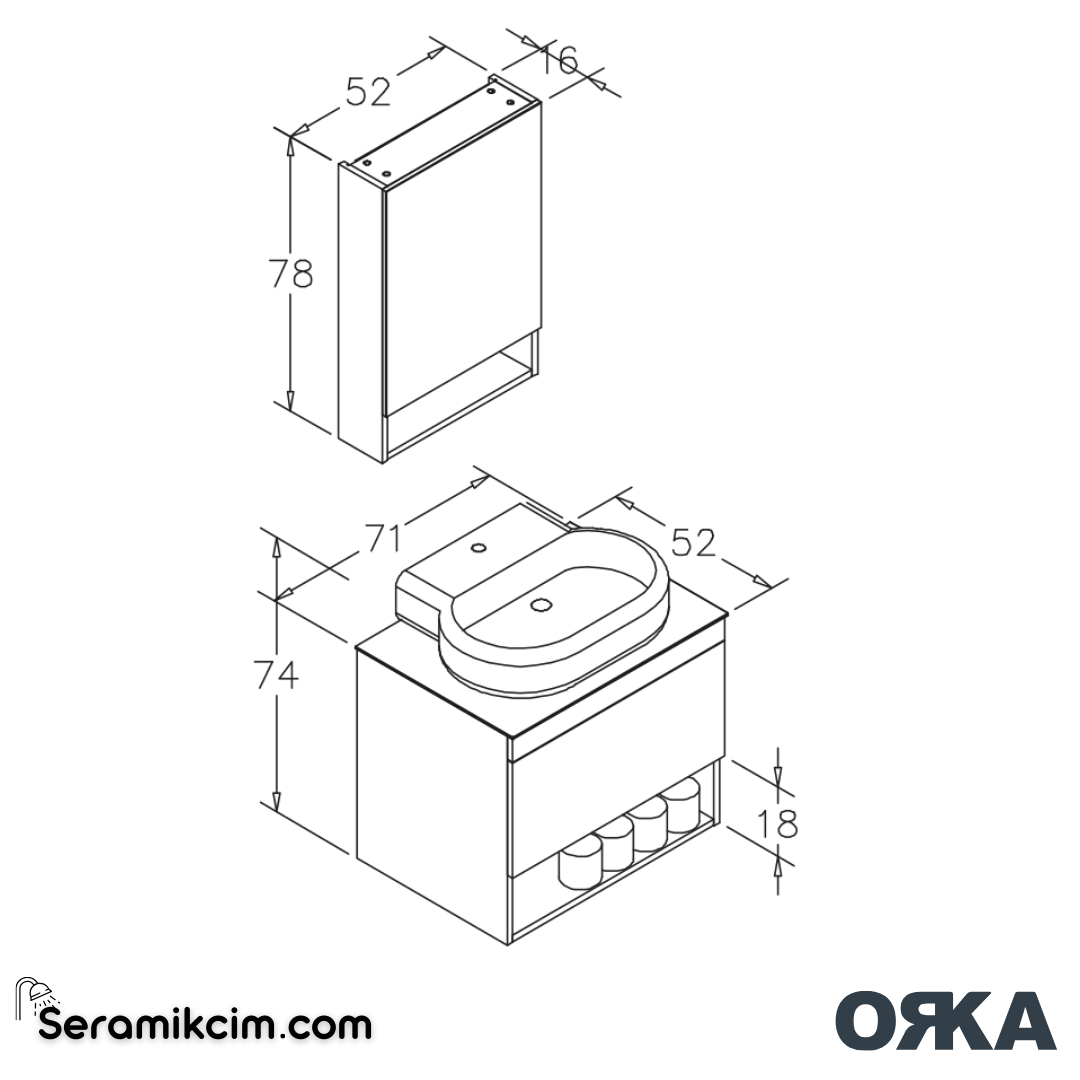 Orka Knidos 70cm Banyo Dolabı Ayna Dolaplı Set Navaro - ORK140.70.03.TKM