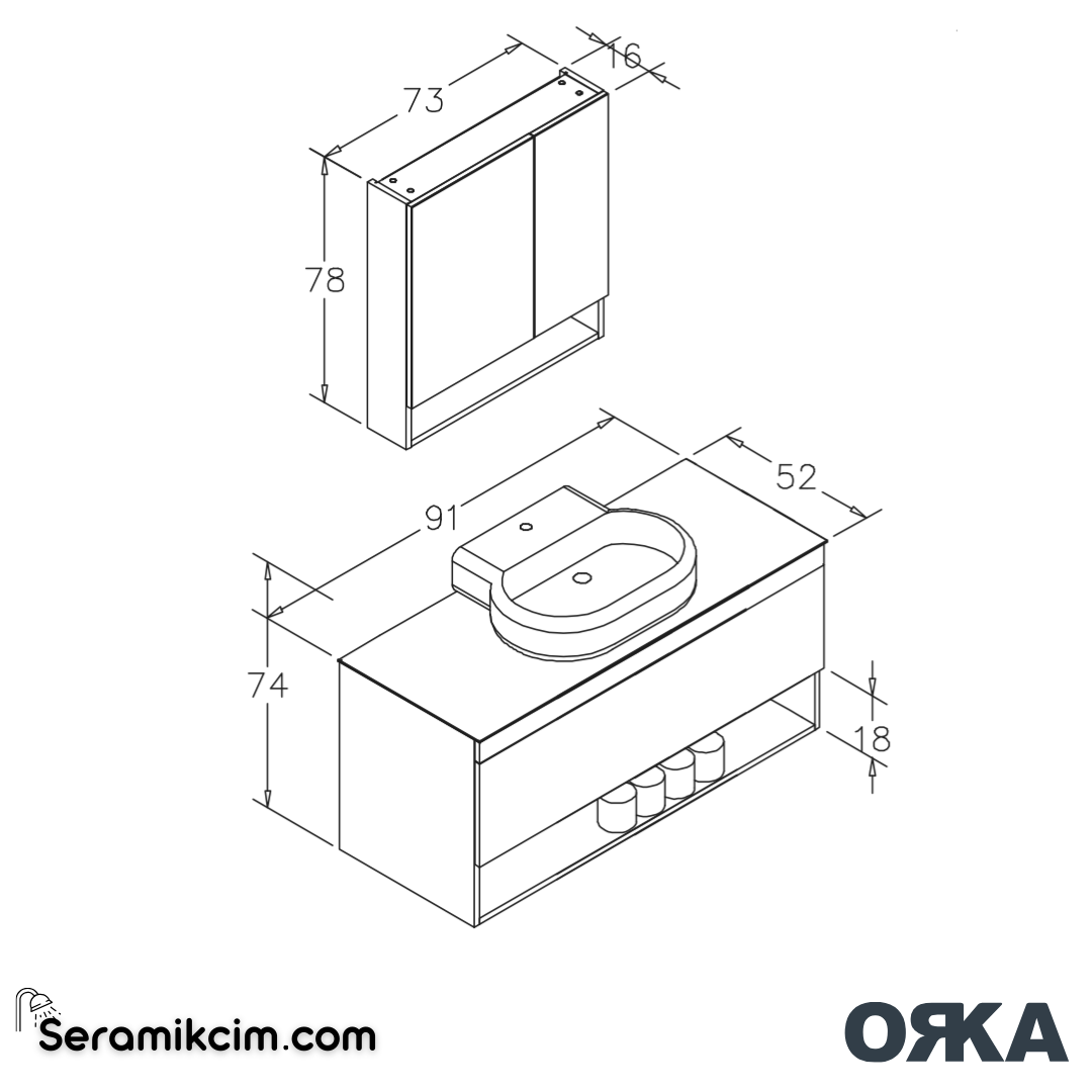 Orka Knidos 90cm Banyo Dolabı Ayna Dolaplı Set Legnano - ORK140.90.02.TKM