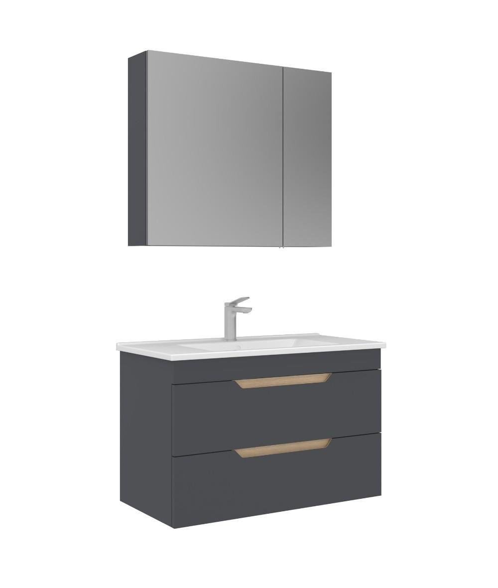 Orka Lena 85cm Asma Banyo Dolabı Set Kapaklı Mat Antrasit
