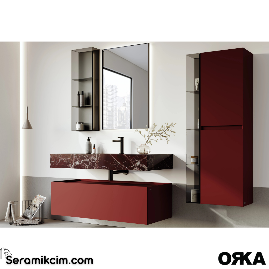 Orka Levanto 100cm Banyo Dolabı Set Mermer Tezgah Mat Vişne
