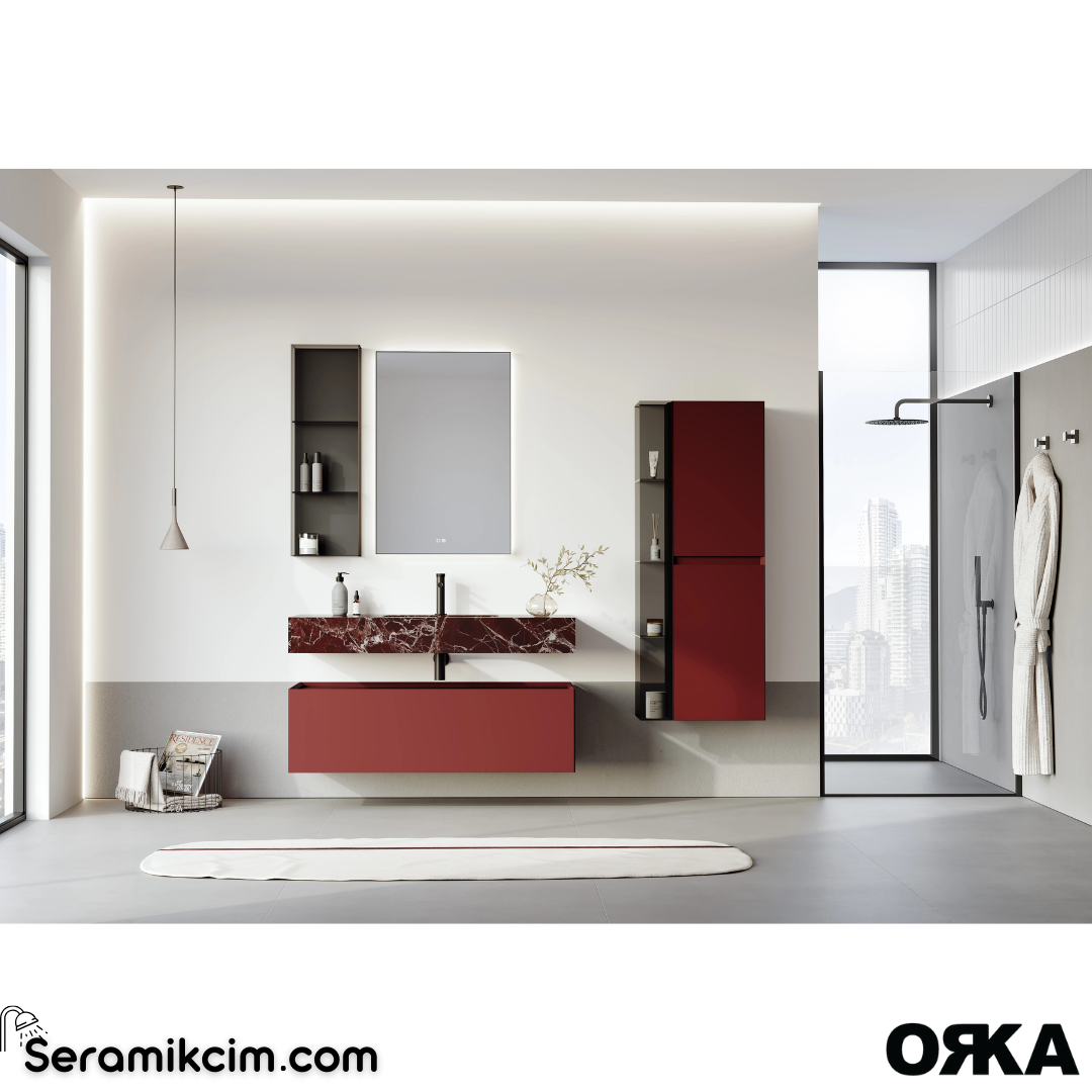 Orka Levanto 100cm Banyo Dolabı Set Mermer Tezgah Mat Vişne