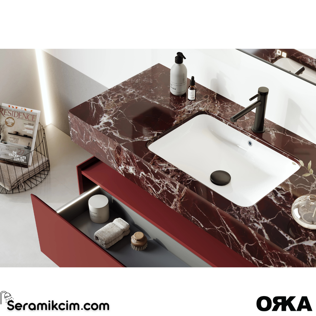 Orka Levanto 100cm Banyo Dolabı Set Mermer Tezgah Mat Vişne