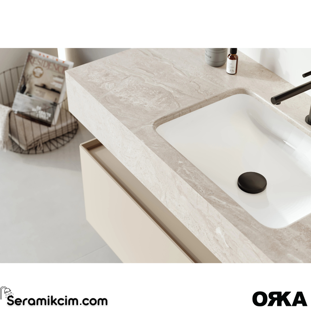 Orka Levanto 100cm Banyo Dolabı Set Porselen Tezgah Mat Bej