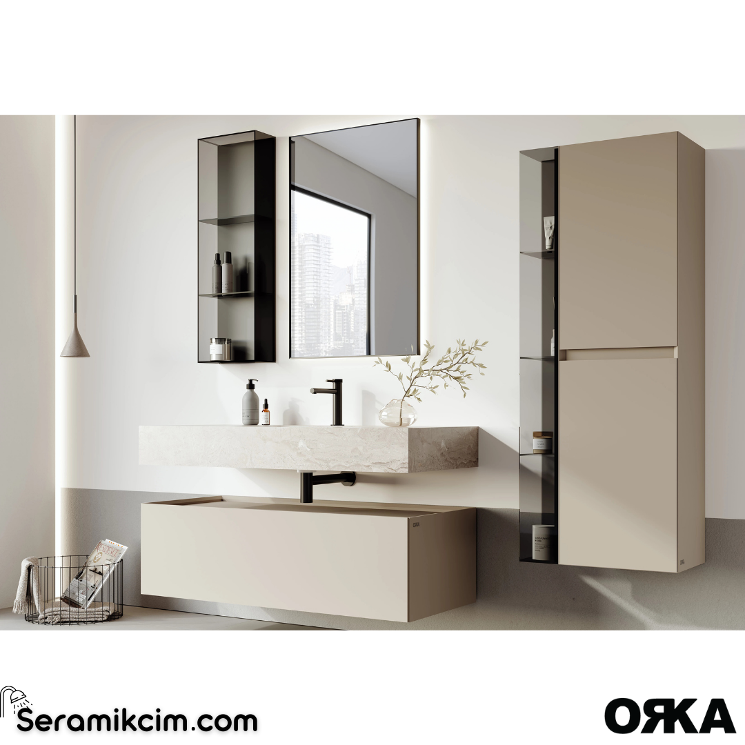 Orka Levanto 100cm Banyo Dolabı Set Porselen Tezgah Mat Bej