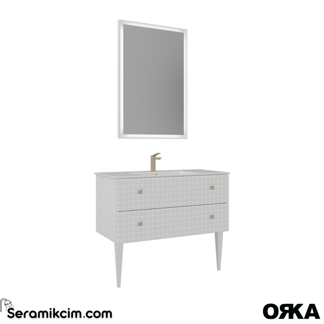 Orka Lipari 100cm Ayaklı Banyo Dolabı Set (Altın Detaylı) Mat Beyaz