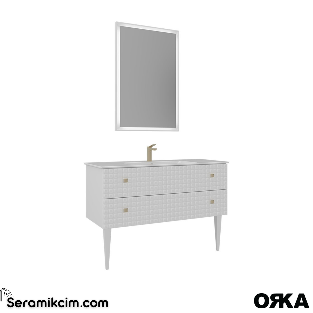 Orka Lipari 120cm Ayaklı Banyo Dolabı Set (Altın Detaylı) Mat Beyaz