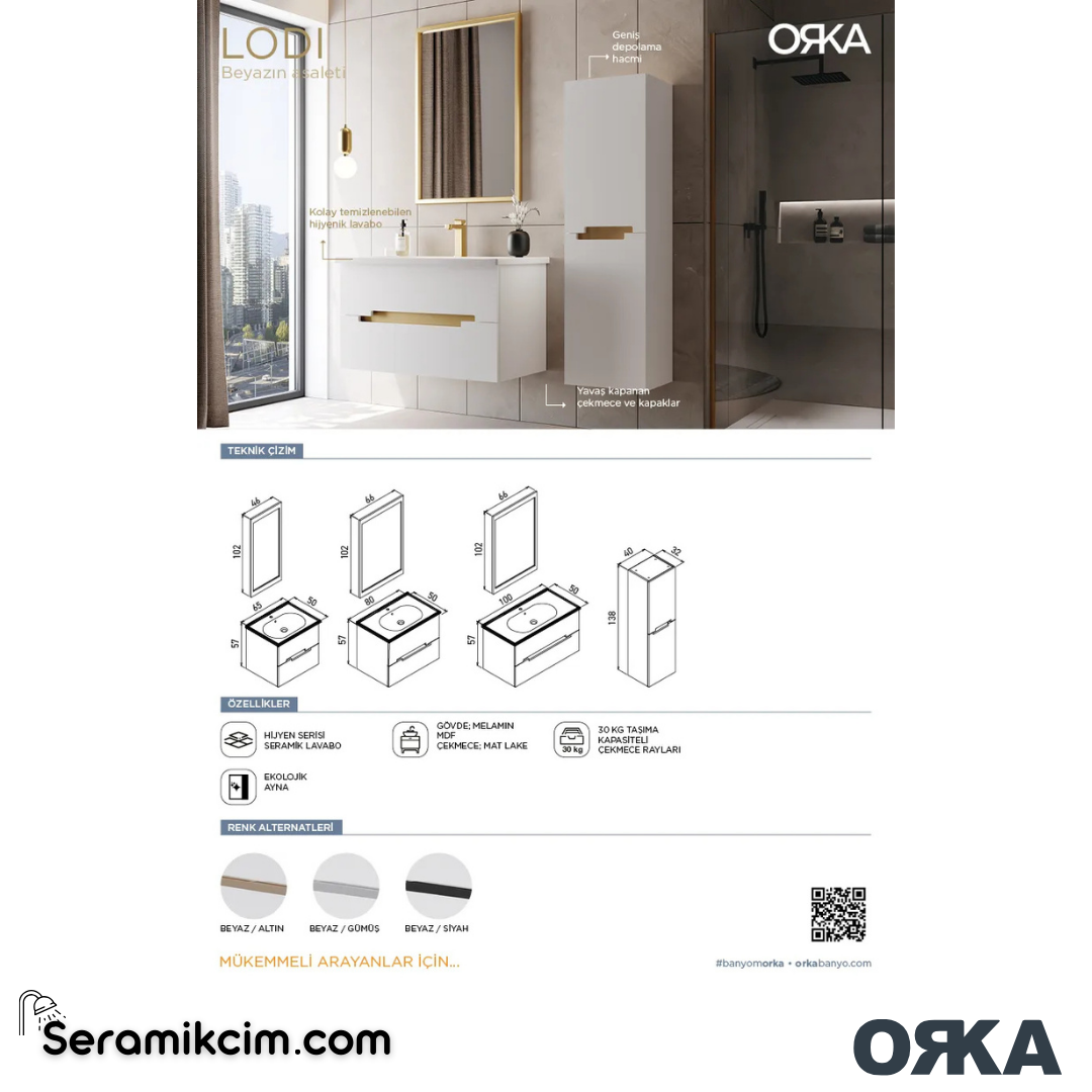 Orka Lodi 40cm Boy Dolabı (Sağ-Sol) Beyaz Gümüş - ORK.BYD1124