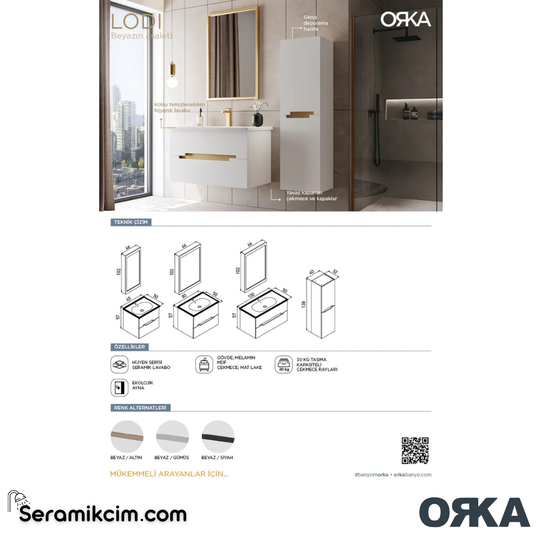 Orka Lodi 80cm Banyo Dolabı Set Beyaz/Altın - ORK151.80.01.TKM