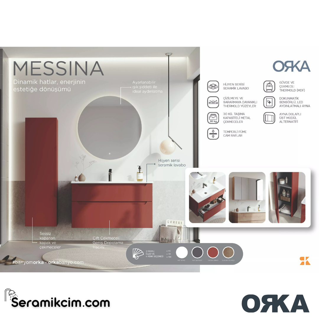 Orka Messina 100cm Banyo Dolabı Dolaplı Ayna Set Tuscan Kırmızı - ORK166.100.04.TKM